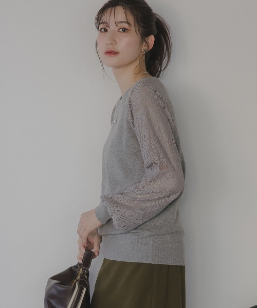 slattgir(スラットジール)の「高身長 袖レースニットプルオーバー(トールサイズ)Essenave(ニット/セーター・レディース・ブラック/杢グレー/モカ・TM/TL/TLL/T3L/T5L/T4L)」の6枚目の写真
