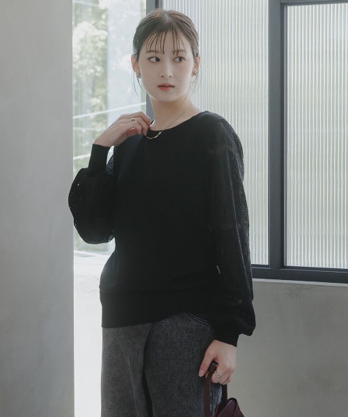 slattgir(スラットジール)の「高身長 袖レースニットプルオーバー(トールサイズ)Essenave(ニット/セーター・レディース・ブラック/杢グレー/モカ・TM/TL/TLL/T3L/T5L/T4L)」の11枚目の写真