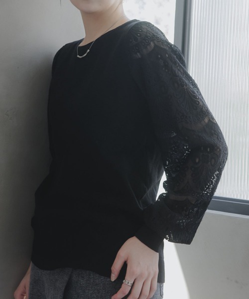 slattgir(スラットジール)の「高身長 袖レースニットプルオーバー(トールサイズ)Essenave(ニット/セーター・レディース・ブラック/杢グレー/モカ・TM/TL/TLL/T3L/T5L/T4L)」の13枚目の写真