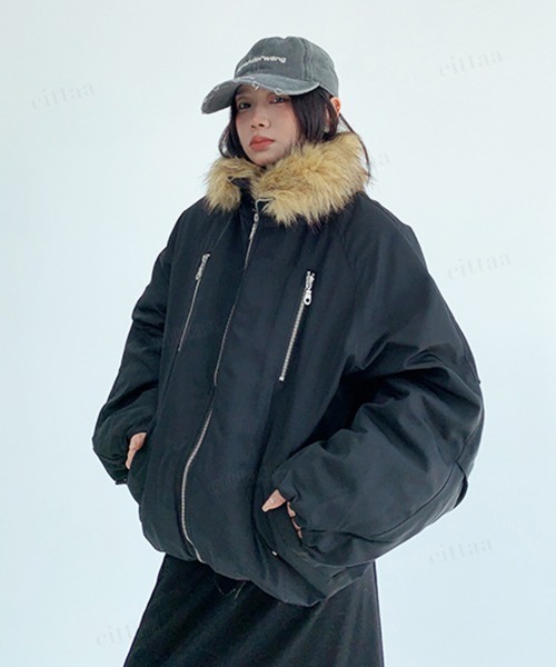 Dalfwin（ダールフィン）の「韓国ファッション ファーライン中綿フードブルゾン（ブルゾン・レディース・ブラック/グリーン・FREE）」の3枚目の写真