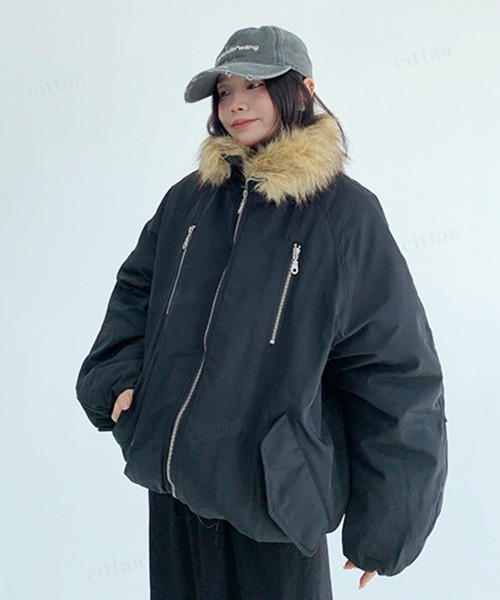 Dalfwin（ダールフィン）の「韓国ファッション ファーライン中綿フードブルゾン（ブルゾン・レディース・ブラック/グリーン・FREE）」の9枚目の写真