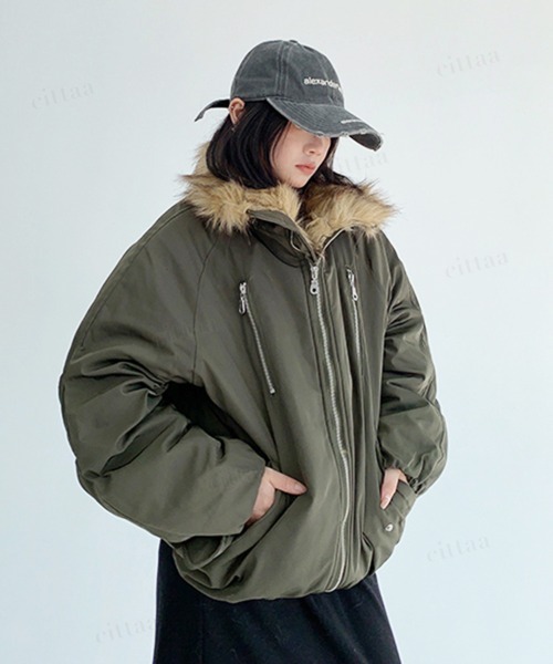 Dalfwin（ダールフィン）の「韓国ファッション ファーライン中綿フードブルゾン（ブルゾン・レディース・ブラック/グリーン・FREE）」の15枚目の写真