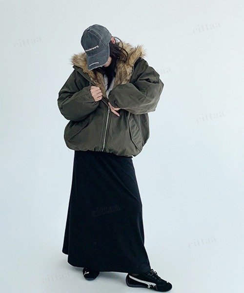 Dalfwin（ダールフィン）の「韓国ファッション ファーライン中綿フードブルゾン（ブルゾン・レディース・ブラック/グリーン・FREE）」の18枚目の写真