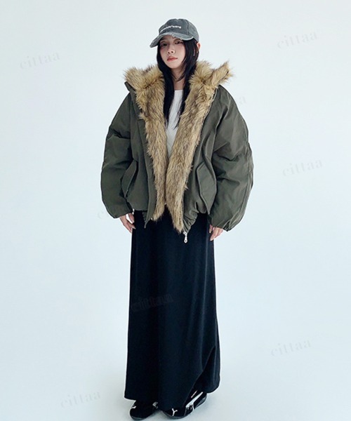 Dalfwin（ダールフィン）の「韓国ファッション ファーライン中綿フードブルゾン（ブルゾン・レディース・ブラック/グリーン・FREE）」の19枚目の写真