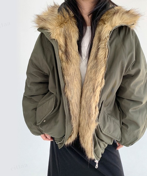 Dalfwin（ダールフィン）の「韓国ファッション ファーライン中綿フードブルゾン（ブルゾン・レディース・ブラック/グリーン・FREE）」の21枚目の写真