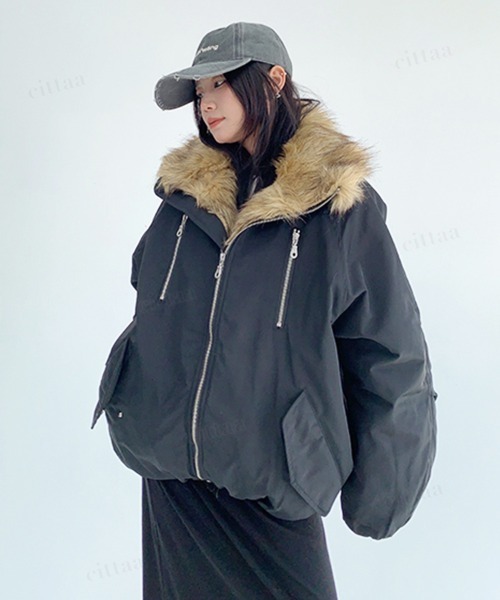 Dalfwin（ダールフィン）の「韓国ファッション ファーライン中綿フードブルゾン（ブルゾン・レディース・ブラック/グリーン・FREE）」の7枚目の写真