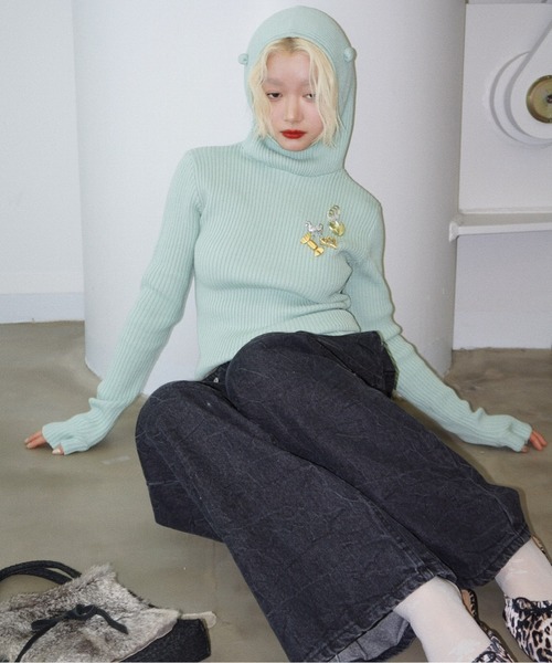 musubore(ムスボレ)の「knit hoodie with ears / 耳付きニットフーディー(ニット/セーター・レディース・ブラック/ベージュ/ライトグリーン・FREE)」の21枚目の写真