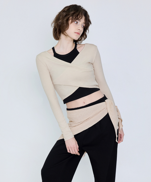 DEVIWEAR（デヴィウェア）の「カーブラップクロップトップ DEVI-T0041-オートミール（Tシャツ/カットソー・レディース・その他・FREE）」の5枚目の写真