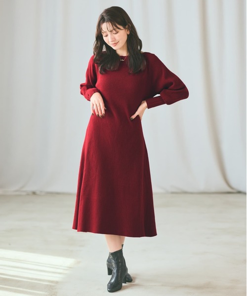 COHINA(コヒナ)の「パターンリブフレアニットワンピース 【低身長・小柄女性】(ワンピース・レディース・レッド/ブラウン/ブラック・SHORT/REGULAR)」の1枚目の写真