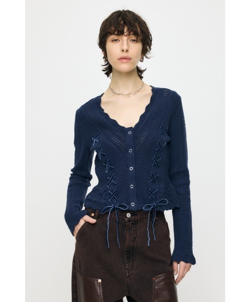 MOUSSY(マウジー)の「LACE UP RIBBON カーディガン(カーディガン/ボレロ・レディース・アイボリー/ブラック/ライトイエロー/ネイビー・FREE)」の3枚目の写真