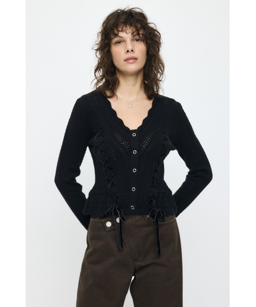 MOUSSY(マウジー)の「LACE UP RIBBON カーディガン(カーディガン/ボレロ・レディース・アイボリー/ブラック/ライトイエロー/ネイビー・FREE)」の1枚目の写真