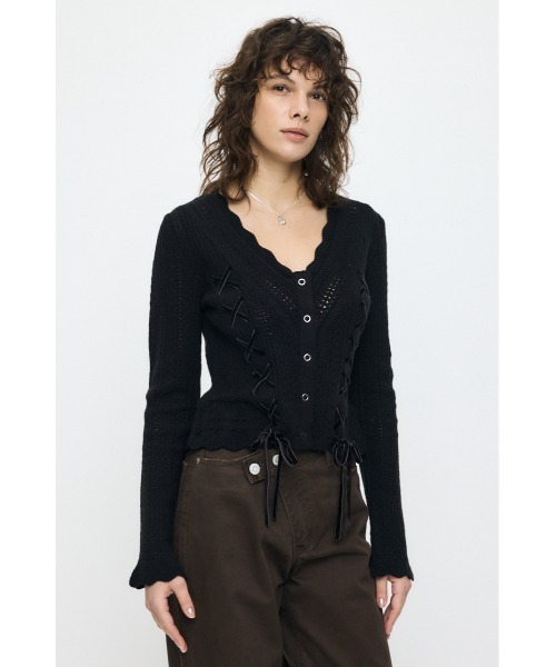 MOUSSY(マウジー)の「LACE UP RIBBON カーディガン(カーディガン/ボレロ・レディース・アイボリー/ブラック/ライトイエロー/ネイビー・FREE)」の9枚目の写真