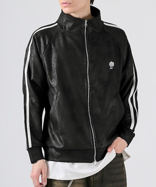 LUXSTYLE(ラグスタイル)の「レザー風ダンボールニットトラックジャケット(ジャージ・メンズ・ブラック/ブラック系その他・M/L)」の2枚目の写真