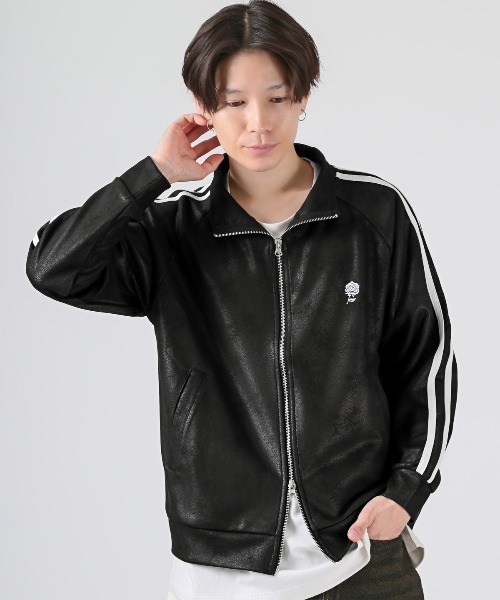 LUXSTYLE(ラグスタイル)の「レザー風ダンボールニットトラックジャケット(ジャージ・メンズ・ブラック/ブラック系その他・M/L)」の5枚目の写真