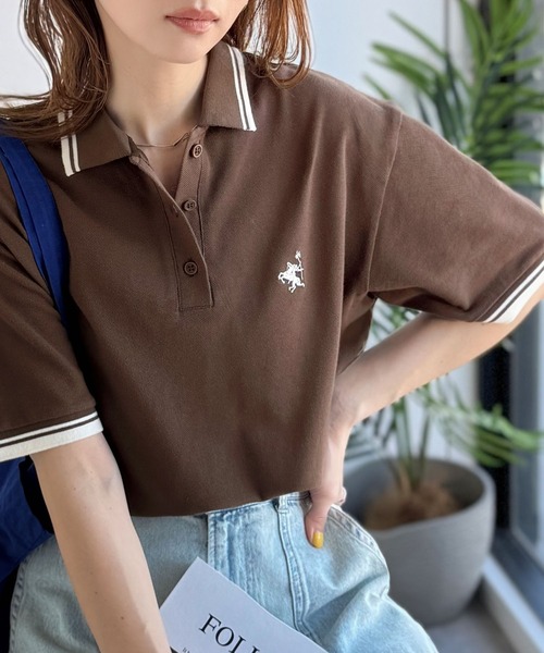 classicalelf（クラシカルエルフ）の「クラシカル×スポーティMIX。綿100％胸刺繍 ラインデザインオーバーサイズ鹿の子ポロシャツ（半袖）（ポロシャツ・レディース・ネイビー/ブラウン/アイボリー/ブラック・X-LARGE/SMALL/MEDIUM/LARGE）」の4枚目の写真
