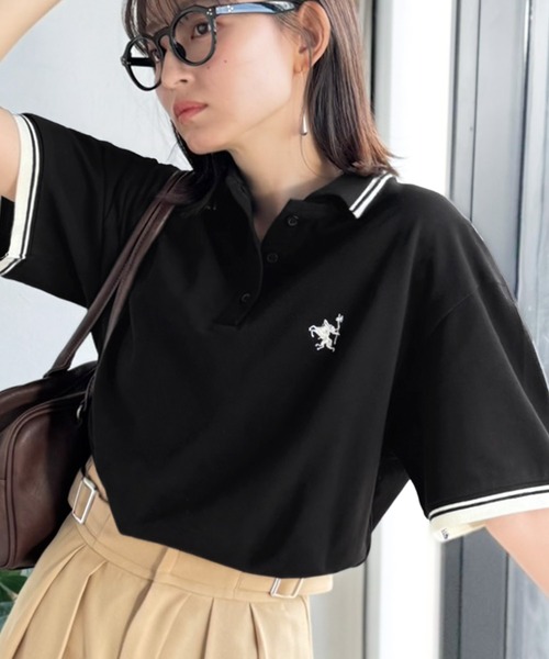 classicalelf（クラシカルエルフ）の「クラシカル×スポーティMIX。綿100％胸刺繍 ラインデザインオーバーサイズ鹿の子ポロシャツ（半袖）（ポロシャツ・レディース・ネイビー/ブラウン/アイボリー/ブラック・X-LARGE/SMALL/MEDIUM/LARGE）」の3枚目の写真