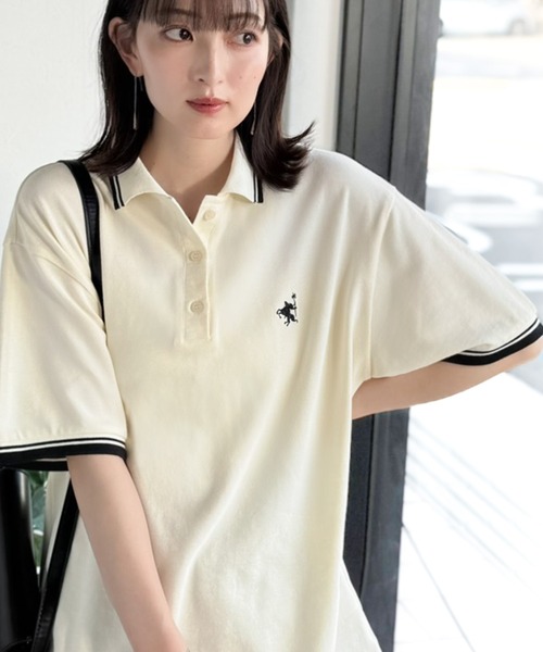 classicalelf（クラシカルエルフ）の「クラシカル×スポーティMIX。綿100％胸刺繍 ラインデザインオーバーサイズ鹿の子ポロシャツ（半袖）（ポロシャツ・レディース・ネイビー/ブラウン/アイボリー/ブラック・X-LARGE/SMALL/MEDIUM/LARGE）」の7枚目の写真