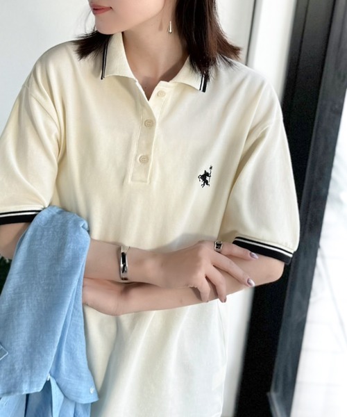 classicalelf（クラシカルエルフ）の「クラシカル×スポーティMIX。綿100％胸刺繍 ラインデザインオーバーサイズ鹿の子ポロシャツ（半袖）（ポロシャツ・レディース・ネイビー/ブラウン/アイボリー/ブラック・X-LARGE/SMALL/MEDIUM/LARGE）」の9枚目の写真