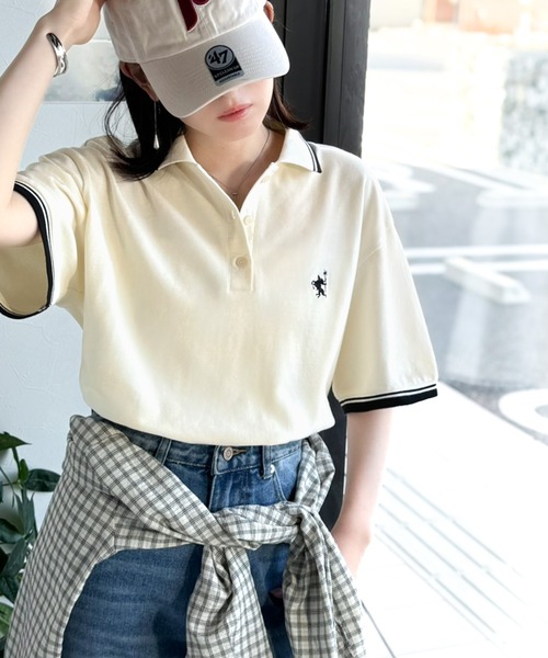 classicalelf（クラシカルエルフ）の「クラシカル×スポーティMIX。綿100％胸刺繍 ラインデザインオーバーサイズ鹿の子ポロシャツ（半袖）（ポロシャツ・レディース・ネイビー/ブラウン/アイボリー/ブラック・X-LARGE/SMALL/MEDIUM/LARGE）」の6枚目の写真