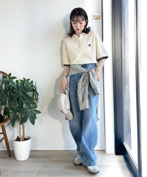 classicalelf（クラシカルエルフ）の「クラシカル×スポーティMIX。綿100％胸刺繍 ラインデザインオーバーサイズ鹿の子ポロシャツ（半袖）（ポロシャツ・レディース・ネイビー/ブラウン/アイボリー/ブラック・X-LARGE/SMALL/MEDIUM/LARGE）」の8枚目の写真