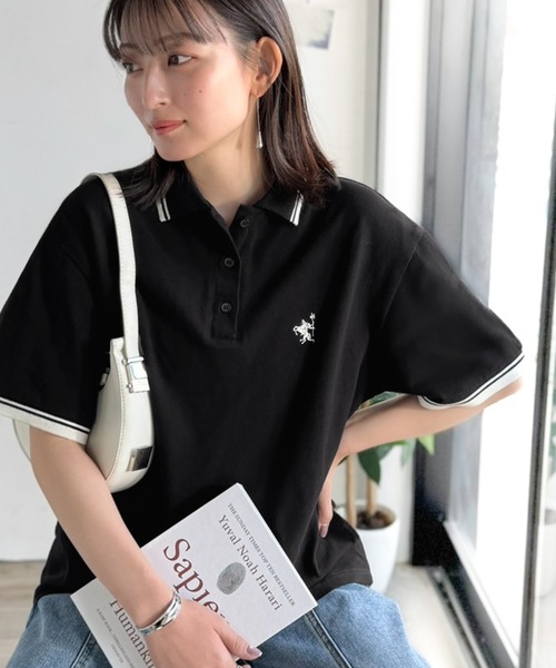classicalelf（クラシカルエルフ）の「クラシカル×スポーティMIX。綿100％胸刺繍 ラインデザインオーバーサイズ鹿の子ポロシャツ（半袖）（ポロシャツ・レディース・ネイビー/ブラウン/アイボリー/ブラック・X-LARGE/SMALL/MEDIUM/LARGE）」の11枚目の写真