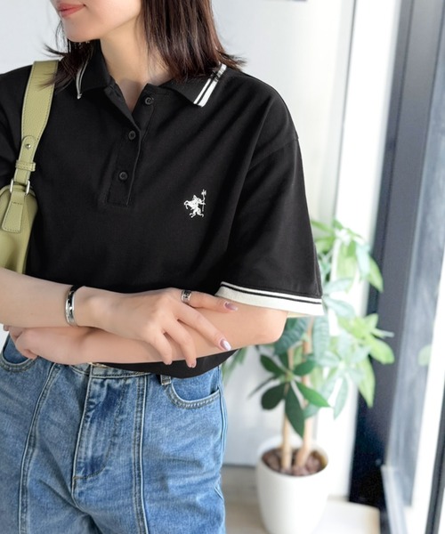 classicalelf（クラシカルエルフ）の「クラシカル×スポーティMIX。綿100％胸刺繍 ラインデザインオーバーサイズ鹿の子ポロシャツ（半袖）（ポロシャツ・レディース・ネイビー/ブラウン/アイボリー/ブラック・X-LARGE/SMALL/MEDIUM/LARGE）」の12枚目の写真