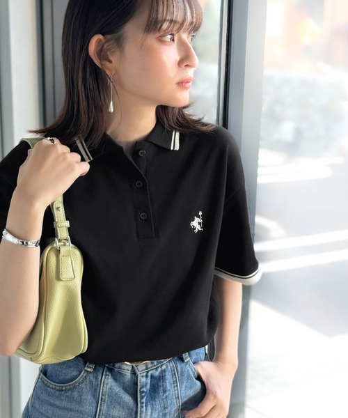 classicalelf（クラシカルエルフ）の「クラシカル×スポーティMIX。綿100％胸刺繍 ラインデザインオーバーサイズ鹿の子ポロシャツ（半袖）（ポロシャツ・レディース・ネイビー/ブラウン/アイボリー/ブラック・X-LARGE/SMALL/MEDIUM/LARGE）」の14枚目の写真