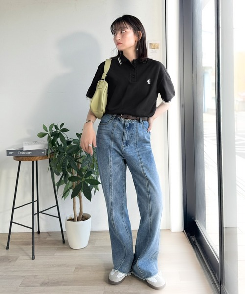 classicalelf（クラシカルエルフ）の「クラシカル×スポーティMIX。綿100％胸刺繍 ラインデザインオーバーサイズ鹿の子ポロシャツ（半袖）（ポロシャツ・レディース・ネイビー/ブラウン/アイボリー/ブラック・X-LARGE/SMALL/MEDIUM/LARGE）」の13枚目の写真