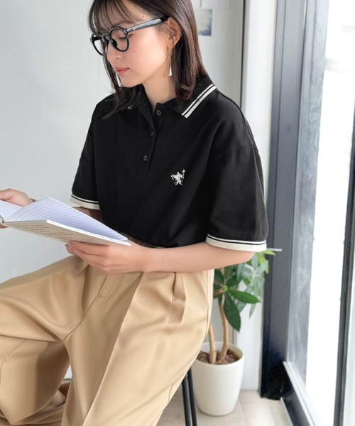classicalelf（クラシカルエルフ）の「クラシカル×スポーティMIX。綿100％胸刺繍 ラインデザインオーバーサイズ鹿の子ポロシャツ（半袖）（ポロシャツ・レディース・ネイビー/ブラウン/アイボリー/ブラック・X-LARGE/SMALL/MEDIUM/LARGE）」の15枚目の写真
