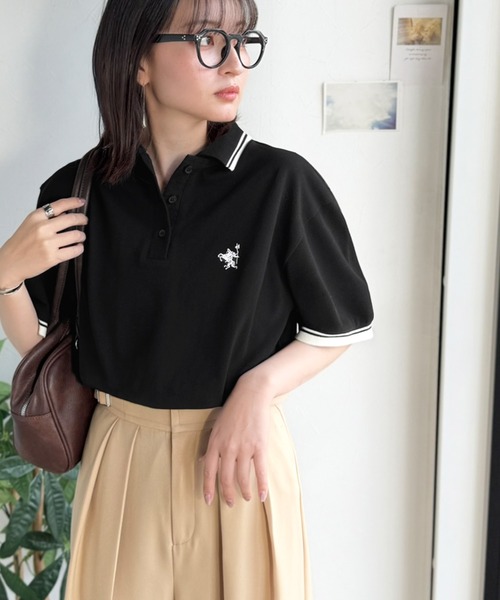 classicalelf（クラシカルエルフ）の「クラシカル×スポーティMIX。綿100％胸刺繍 ラインデザインオーバーサイズ鹿の子ポロシャツ（半袖）（ポロシャツ・レディース・ネイビー/ブラウン/アイボリー/ブラック・X-LARGE/SMALL/MEDIUM/LARGE）」の16枚目の写真
