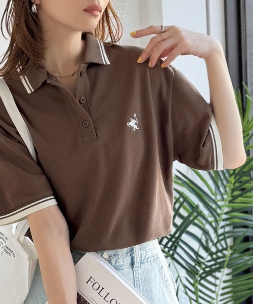 classicalelf（クラシカルエルフ）の「クラシカル×スポーティMIX。綿100％胸刺繍 ラインデザインオーバーサイズ鹿の子ポロシャツ（半袖）（ポロシャツ・レディース・ネイビー/ブラウン/アイボリー/ブラック・X-LARGE/SMALL/MEDIUM/LARGE）」の17枚目の写真