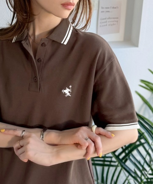 classicalelf（クラシカルエルフ）の「クラシカル×スポーティMIX。綿100％胸刺繍 ラインデザインオーバーサイズ鹿の子ポロシャツ（半袖）（ポロシャツ・レディース・ネイビー/ブラウン/アイボリー/ブラック・X-LARGE/SMALL/MEDIUM/LARGE）」の20枚目の写真