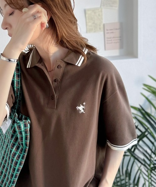classicalelf（クラシカルエルフ）の「クラシカル×スポーティMIX。綿100％胸刺繍 ラインデザインオーバーサイズ鹿の子ポロシャツ（半袖）（ポロシャツ・レディース・ネイビー/ブラウン/アイボリー/ブラック・X-LARGE/SMALL/MEDIUM/LARGE）」の19枚目の写真
