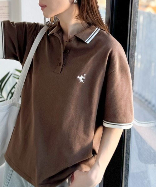 classicalelf（クラシカルエルフ）の「クラシカル×スポーティMIX。綿100％胸刺繍 ラインデザインオーバーサイズ鹿の子ポロシャツ（半袖）（ポロシャツ・レディース・ネイビー/ブラウン/アイボリー/ブラック・X-LARGE/SMALL/MEDIUM/LARGE）」の21枚目の写真