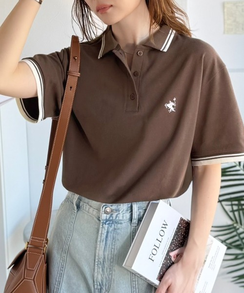 classicalelf（クラシカルエルフ）の「クラシカル×スポーティMIX。綿100％胸刺繍 ラインデザインオーバーサイズ鹿の子ポロシャツ（半袖）（ポロシャツ・レディース・ネイビー/ブラウン/アイボリー/ブラック・X-LARGE/SMALL/MEDIUM/LARGE）」の22枚目の写真