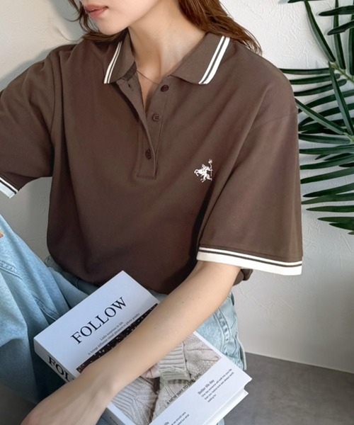 classicalelf（クラシカルエルフ）の「クラシカル×スポーティMIX。綿100％胸刺繍 ラインデザインオーバーサイズ鹿の子ポロシャツ（半袖）（ポロシャツ・レディース・ネイビー/ブラウン/アイボリー/ブラック・X-LARGE/SMALL/MEDIUM/LARGE）」の18枚目の写真