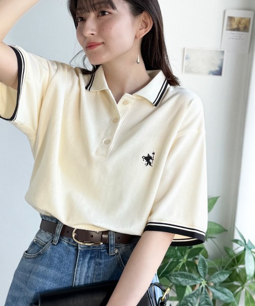 classicalelf（クラシカルエルフ）の「クラシカル×スポーティMIX。綿100％胸刺繍 ラインデザインオーバーサイズ鹿の子ポロシャツ（半袖）（ポロシャツ・レディース・ネイビー/ブラウン/アイボリー/ブラック・X-LARGE/SMALL/MEDIUM/LARGE）」の5枚目の写真