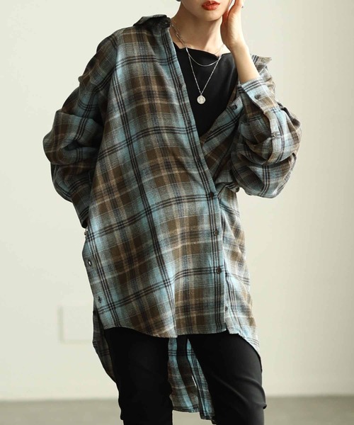 Sawa a la mode(サワアラモード)の「チェック柄シャツチュニック(シャツ/ブラウス・レディース・ブラック/カーキ/ブラウン・FREE)」の3枚目の写真