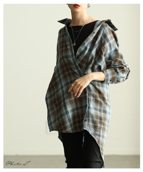 Sawa a la mode(サワアラモード)の「チェック柄シャツチュニック(シャツ/ブラウス・レディース・ブラック/カーキ/ブラウン・FREE)」の4枚目の写真