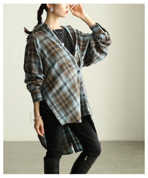 Sawa a la mode(サワアラモード)の「チェック柄シャツチュニック(シャツ/ブラウス・レディース・ブラック/カーキ/ブラウン・FREE)」の6枚目の写真