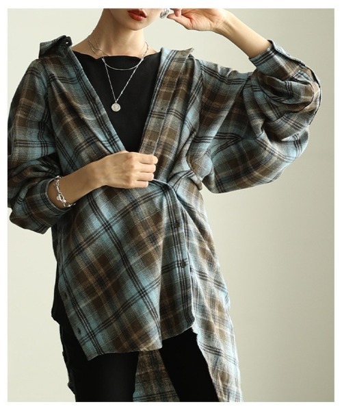 Sawa a la mode(サワアラモード)の「チェック柄シャツチュニック(シャツ/ブラウス・レディース・ブラック/カーキ/ブラウン・FREE)」の11枚目の写真