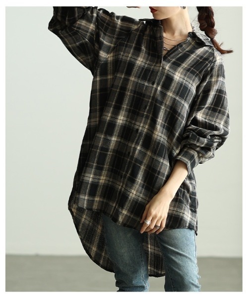 Sawa a la mode(サワアラモード)の「チェック柄シャツチュニック(シャツ/ブラウス・レディース・ブラック/カーキ/ブラウン・FREE)」の13枚目の写真