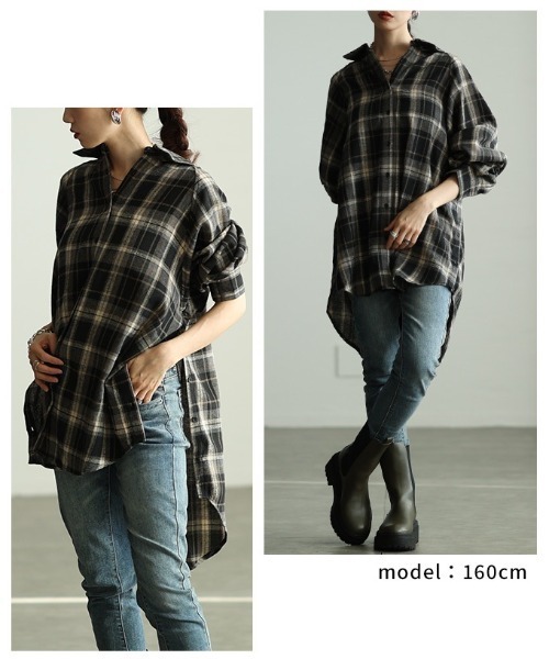 Sawa a la mode(サワアラモード)の「チェック柄シャツチュニック(シャツ/ブラウス・レディース・ブラック/カーキ/ブラウン・FREE)」の15枚目の写真