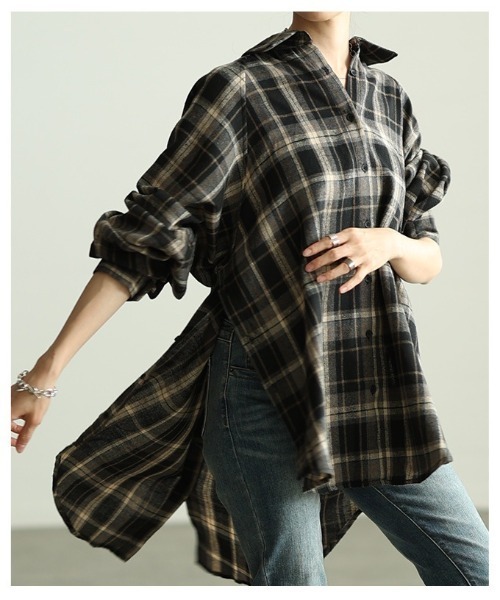 Sawa a la mode(サワアラモード)の「チェック柄シャツチュニック(シャツ/ブラウス・レディース・ブラック/カーキ/ブラウン・FREE)」の16枚目の写真
