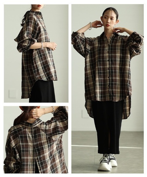 Sawa a la mode(サワアラモード)の「チェック柄シャツチュニック(シャツ/ブラウス・レディース・ブラック/カーキ/ブラウン・FREE)」の20枚目の写真