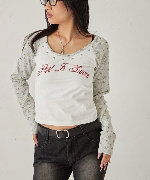 WHO'S WHO gallery（フーズフーギャラリー）の「ワッフルフラワーラグランロゴトップス（Tシャツ/カットソー・レディース・ネイビー/オフホワイト/グレー・FREE）」の3枚目の写真