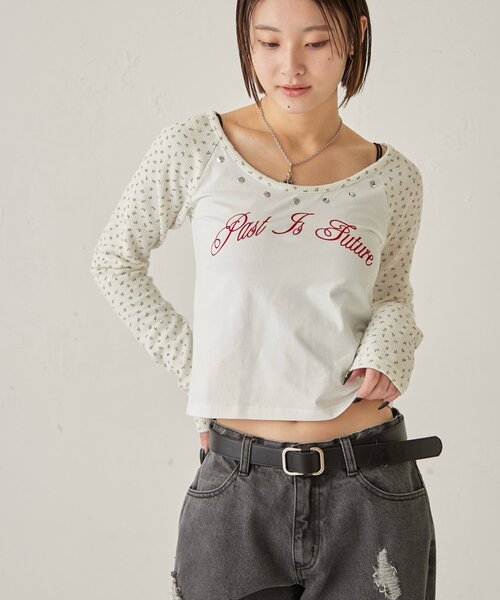 WHO'S WHO gallery（フーズフーギャラリー）の「ワッフルフラワーラグランロゴトップス（Tシャツ/カットソー・レディース・ネイビー/オフホワイト/グレー・FREE）」の4枚目の写真