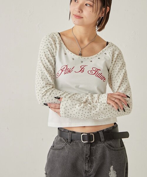 WHO'S WHO gallery（フーズフーギャラリー）の「ワッフルフラワーラグランロゴトップス（Tシャツ/カットソー・レディース・ネイビー/オフホワイト/グレー・FREE）」の6枚目の写真