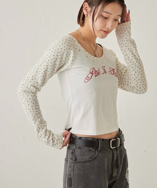 WHO'S WHO gallery（フーズフーギャラリー）の「ワッフルフラワーラグランロゴトップス（Tシャツ/カットソー・レディース・ネイビー/オフホワイト/グレー・FREE）」の7枚目の写真