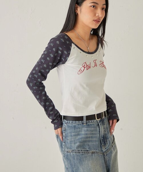 WHO'S WHO gallery（フーズフーギャラリー）の「ワッフルフラワーラグランロゴトップス（Tシャツ/カットソー・レディース・ネイビー/オフホワイト/グレー・FREE）」の15枚目の写真